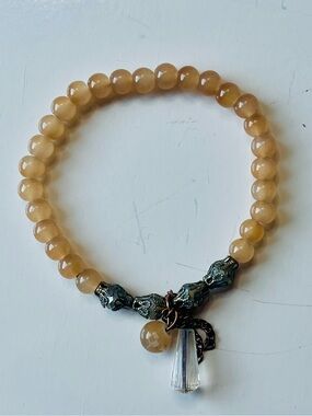 Peach Honey Jade Style Bead Stretch Bracelet Crystal Drop Charm- NWOT